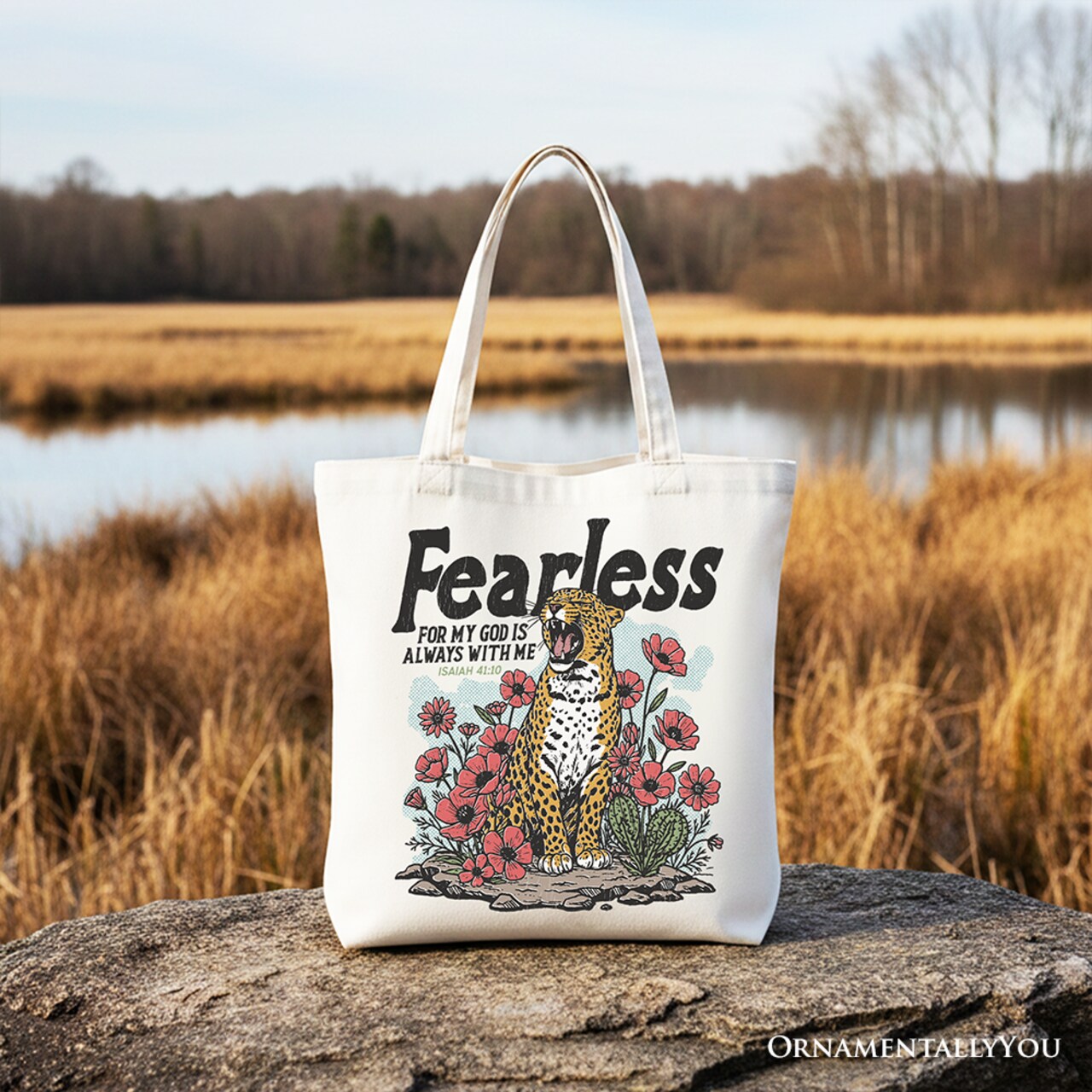 Vintage Floral Leopard Christian Canvas Tote Bag, Fearless For My God Is Always With Me Isaiah 41:10 Gift Shopper